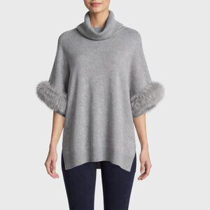 Sofia Cashmere Gray Fox Fur Sleeve Poncho Sweater Small 100% Cashmere $795